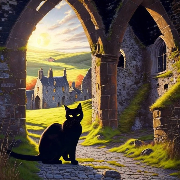 Black Cat in Foreground of Stone Ruin with Countryside Background