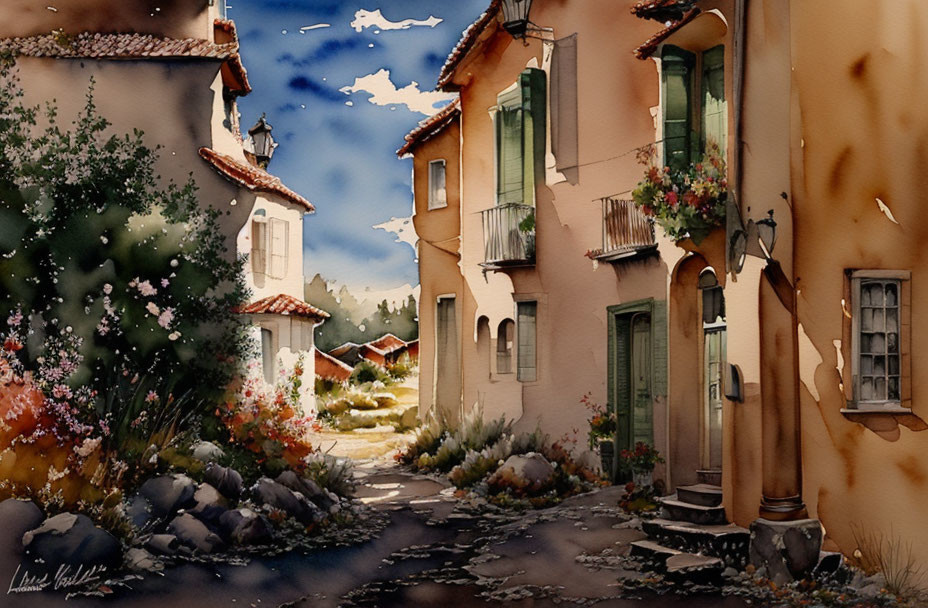 Traditional village street watercolor painting with flowers and cloudy sky