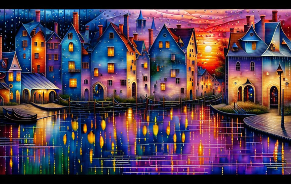 Colorful Village by Water: Vibrant Sunset Painting