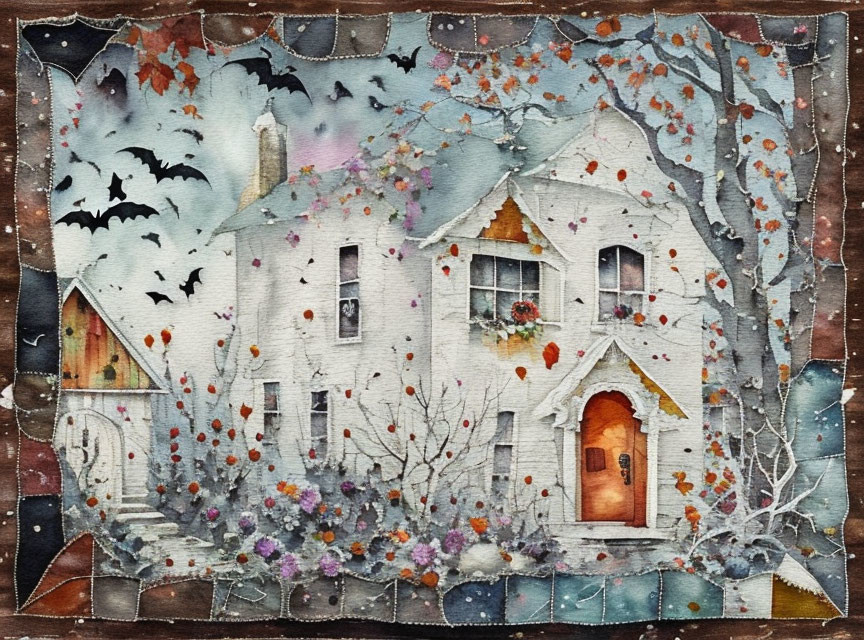 White House with Autumn Leaves and Bats in Whimsical Watercolor