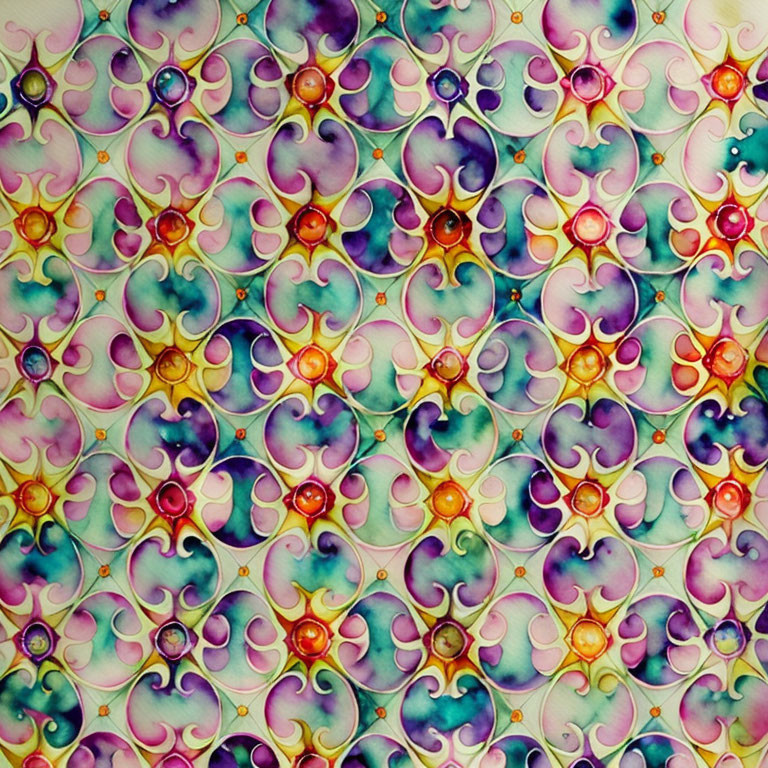 Vibrant Kaleidoscopic Watercolor Design with Star and Flower-like Shapes