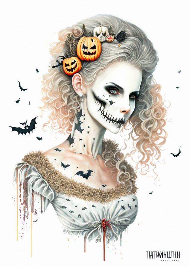 Woman with Halloween skull makeup, bats, and pumpkins in hair