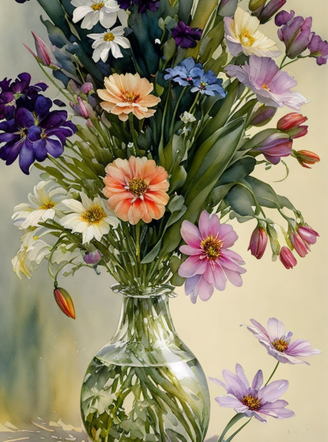 Assorted Flowers Bouquet in Glass Vase on Soft Background