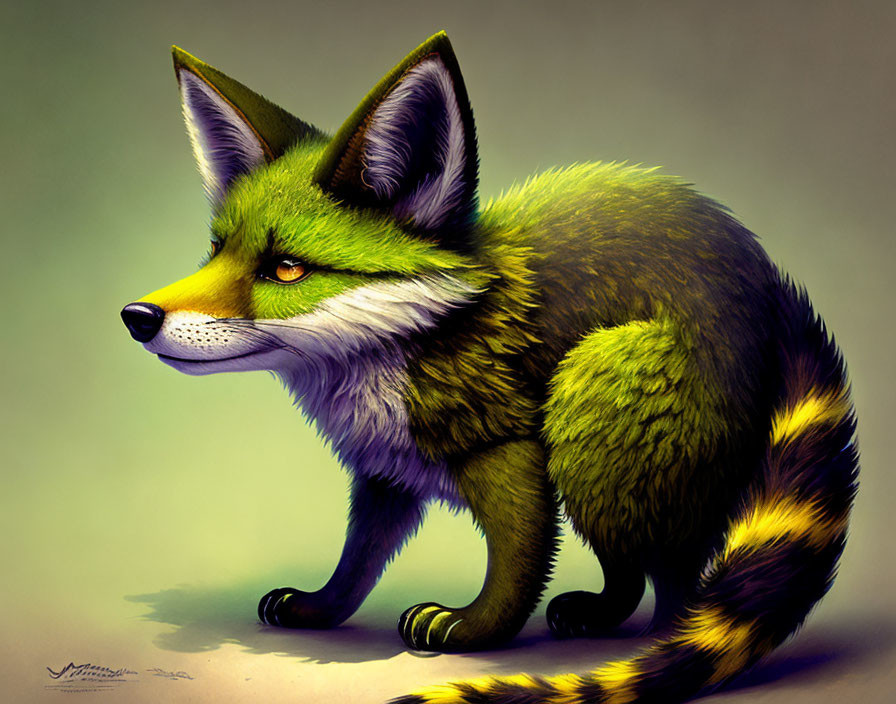 Detailed Vibrant Green and Yellow Fox Illustration