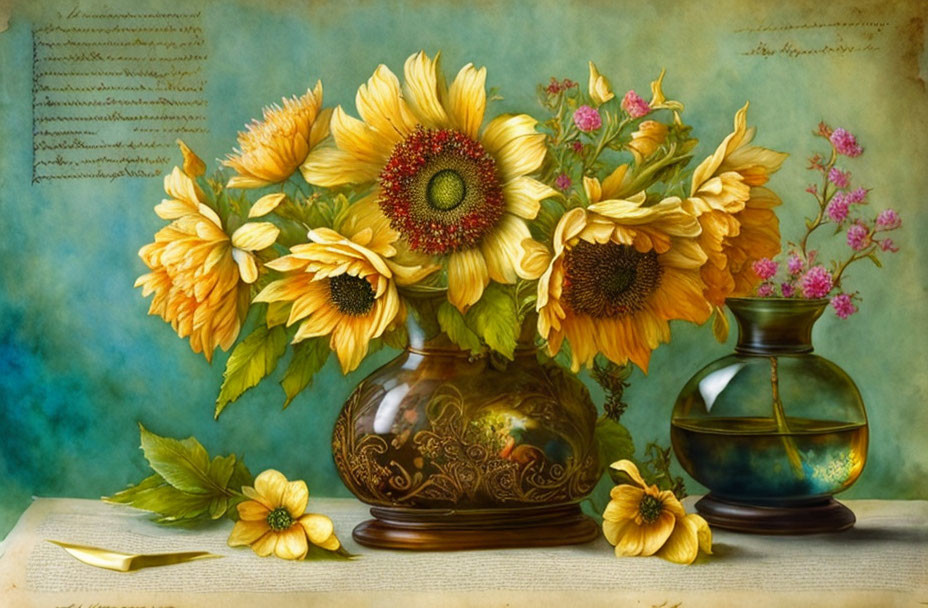 Vibrant Sunflowers and Pink Flowers in Decorated Vase on Blue Background