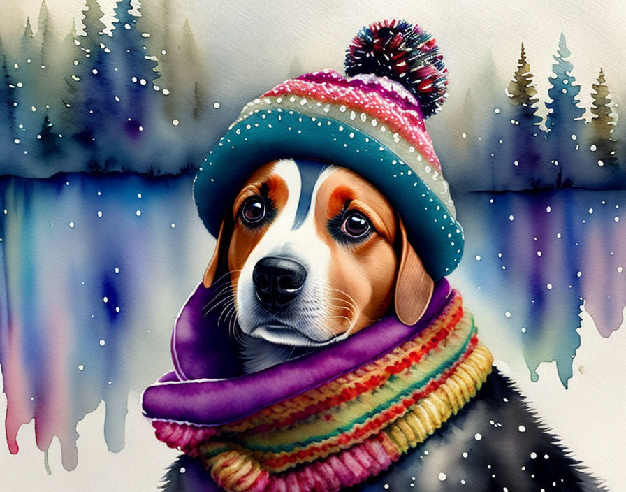 Beagle in winter attire against snowy forest