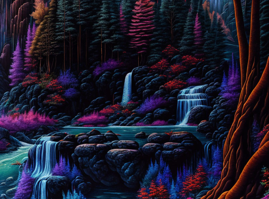 Mystical forest with neon flora, waterfalls, serene river