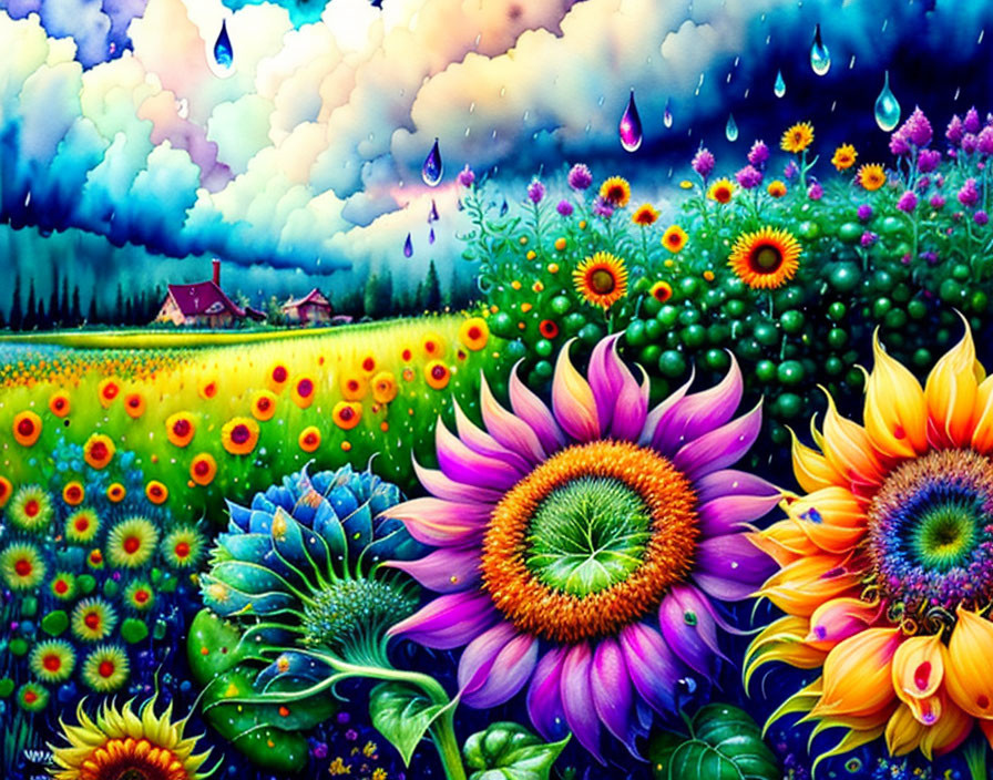 Colorful illustration: Sunflowers, flowers, cottage in stormy landscape