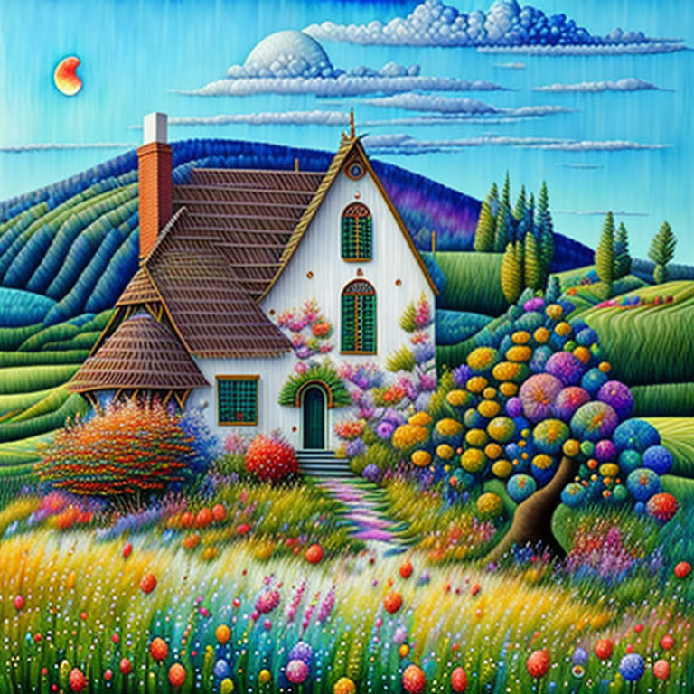 Colorful whimsical painting of a quaint house in vibrant hills