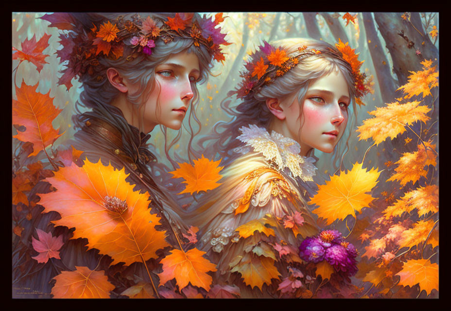 Ethereal figures with autumn leaves and flowers in enchanting forest scene