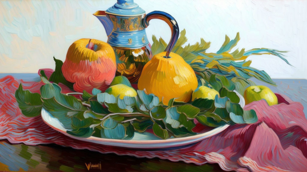 Colorful Still Life Painting with Fruits and Teapot on Red Cloth