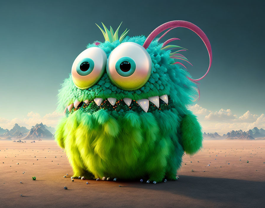 Green furry creature with large eyes and pink antenna in desert landscape