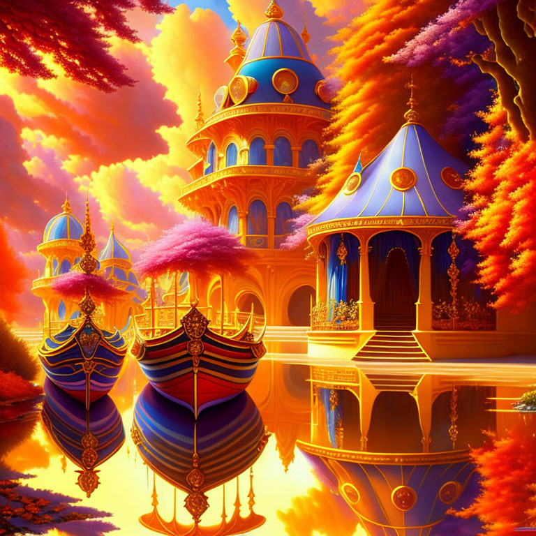 Fantasy palace with domed towers reflected in calm waters