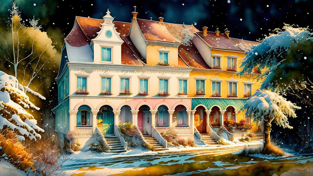 Row of Colorful European-Style Holiday Houses on Snowy Night