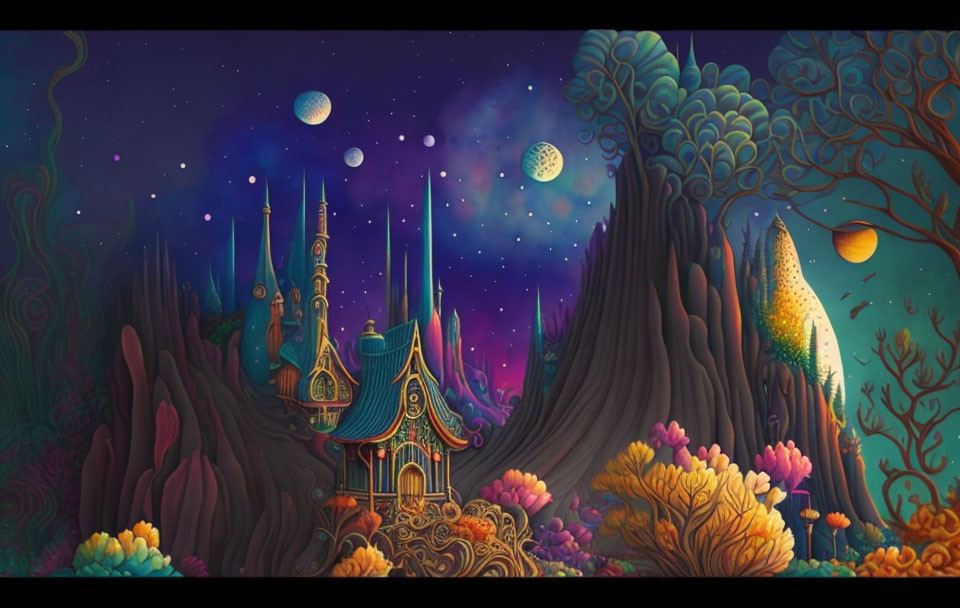 Whimsical illustration of magical tree-like structures on starry night sky