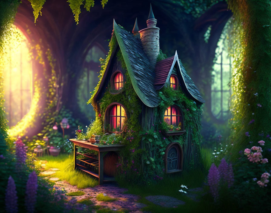 Enchanting illustration of ivy-covered fairy-tale cottage in mystical forest