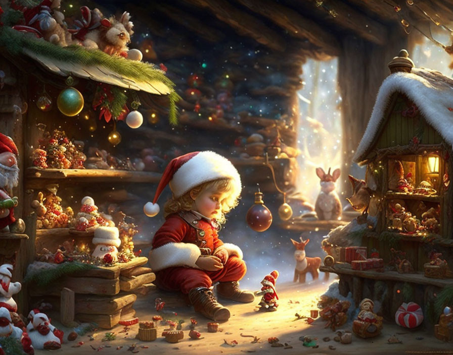 Child in Santa Hat Surrounded by Rabbits and Christmas Decorations