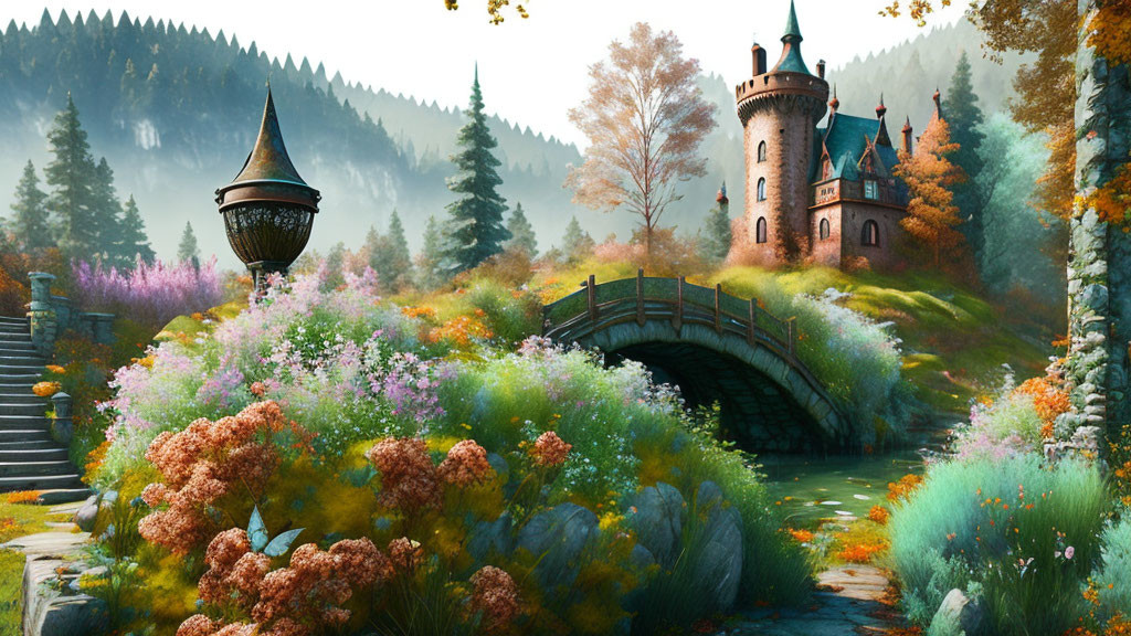 Fantasy landscape with castle, autumn woods, stone bridge, and colorful flora