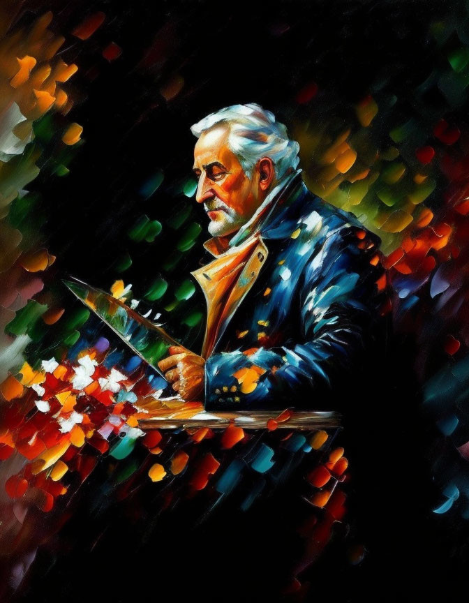 Vivid painting: Elderly man reading book in colorful abstract setting