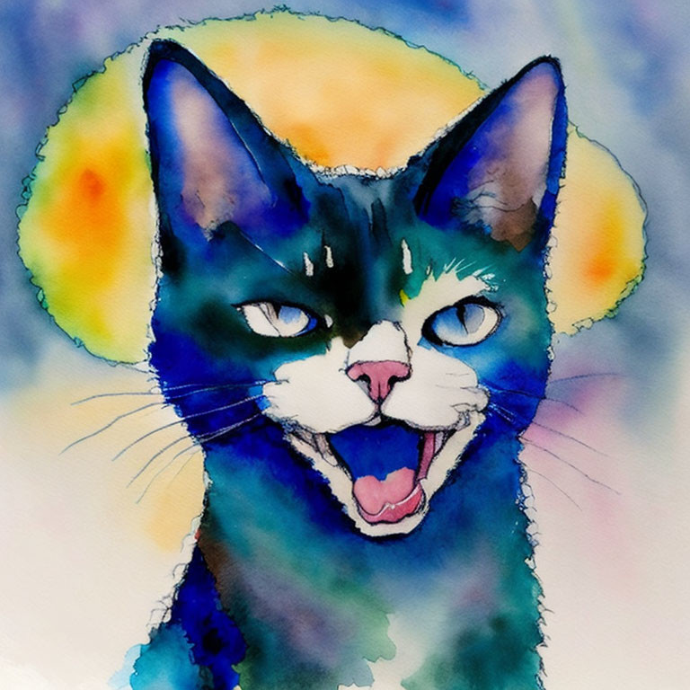 Colorful Watercolor Cat Illustration in Blue and Green Hues