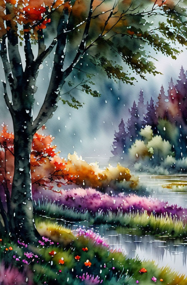 Serene lakeside scene with autumn trees and rain droplets