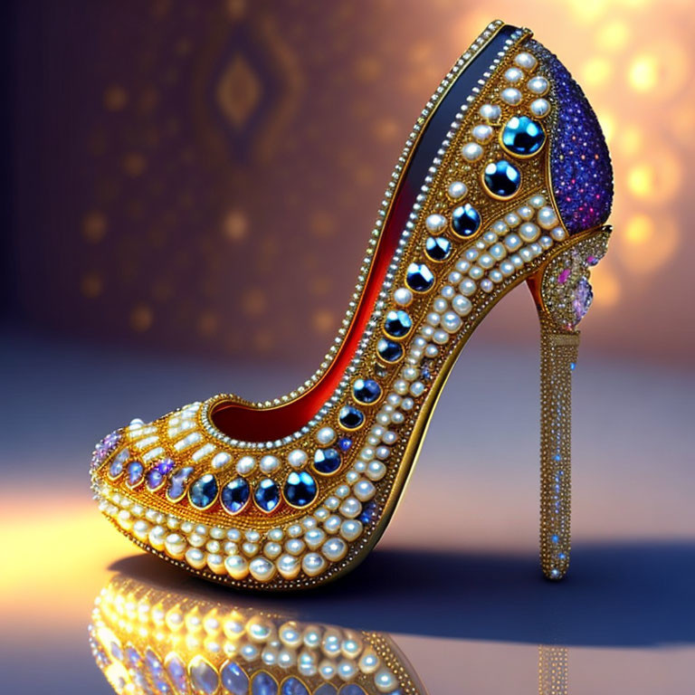 Luxurious High-Heeled Shoe with Pearls and Gemstones on Golden Background