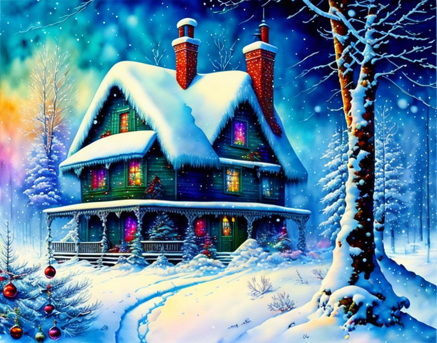 Snowy Winter Landscape: Cozy House with Christmas Decorations