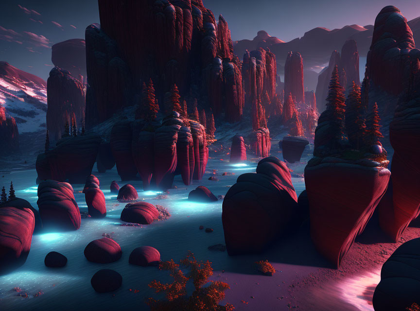 Surreal red rock formations in twilight with glowing blue light