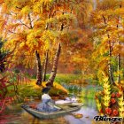 Colorful Autumn Landscape with Cottage, Lake, Trees, and Canoe