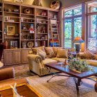 Inviting reading nook with cozy couches, colorful cushions, bookshelves, and scenic wall