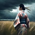 Traditional Japanese woman in kimono by serene lake with mountains, cherry blossoms, red sun