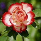 Colorful painting of large red and white flower in lush green field