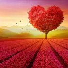 Colorful landscape with heart-shaped tree and clouds over red flower field.