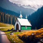 Colorful painting of quaint church in vibrant landscape