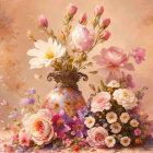 Pink and White Roses in Floral Vase on Peach Background