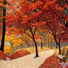 Colorful autumn tree-lined road painting with blue car and street lamps