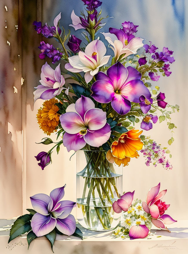 Colorful Watercolor Painting of Lily Bouquet in Clear Vase