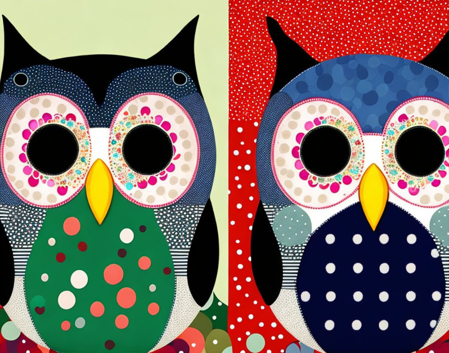 Dual-toned owl illustrations with polka dots and shapes on colorful background