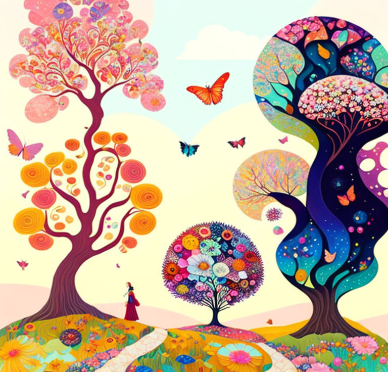 Vibrant landscape with abstract trees and butterflies