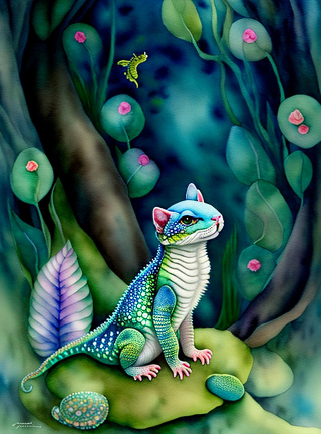 Whimsical cat with lizard features on mossy rock in fantasy setting