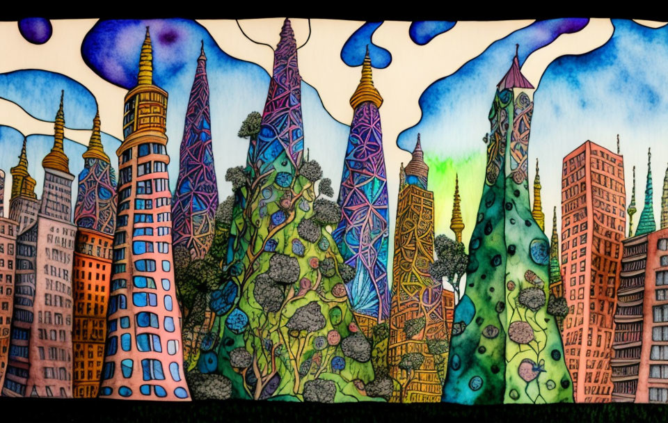 Vibrant cityscape artwork with whimsical nature elements