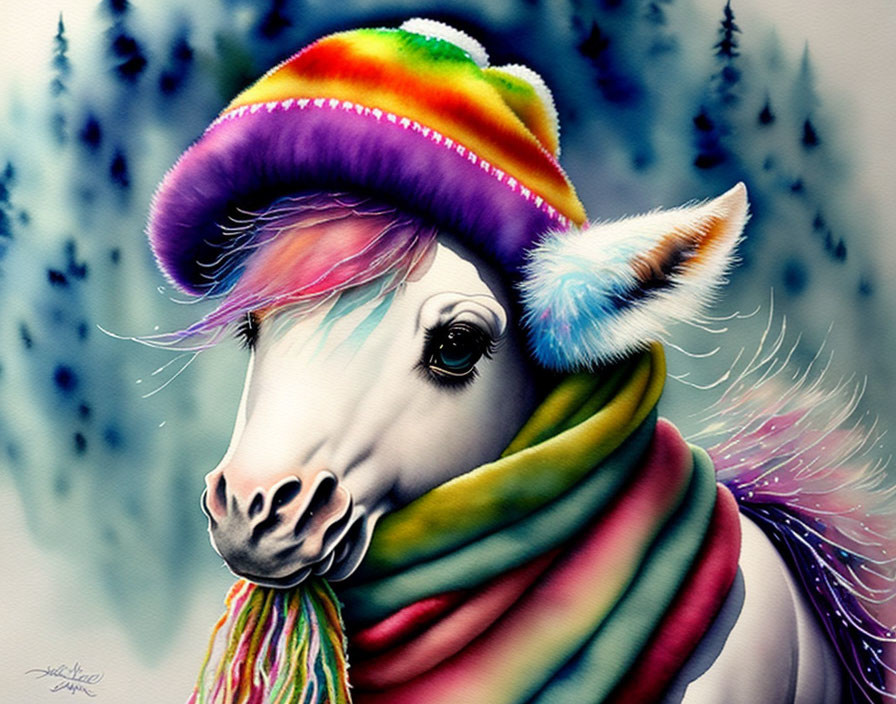 Colorful Unicorn with Rainbow Hat and Scarf in Evergreen Forest