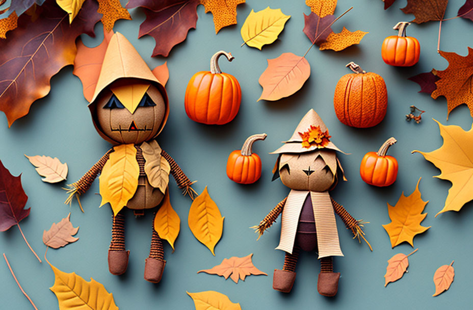 Whimsical scarecrow figures in autumn setting on teal background