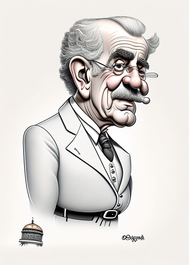 Man with White Hair and Mustache in Suit with Capitol Building Illustration