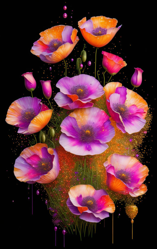 Colorful digital poppy artwork with floating petals on black background