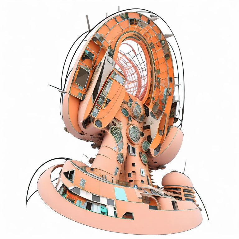 Abstract 3D-rendered structure with orange and white colors and spiraling shapes