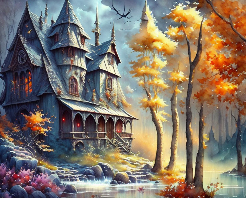 Enchanted autumn scene with Victorian-style house and vibrant trees