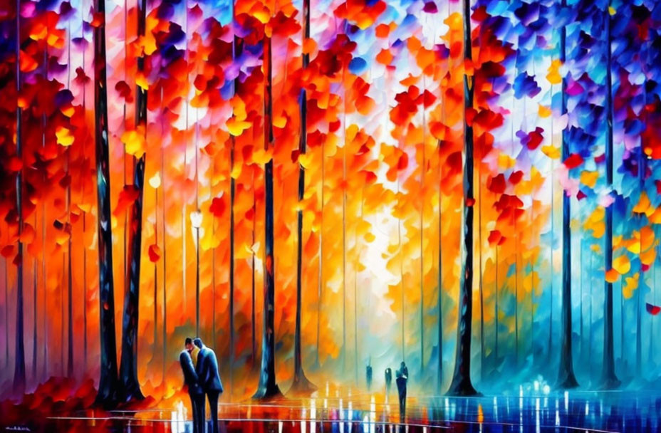 Colorful painting of couple under autumn trees, reflecting romance and fantasy