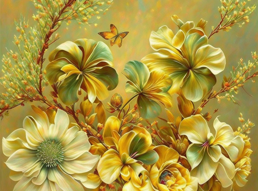 Colorful floral painting with yellow and green flowers, delicate branches, and hovering butterfly