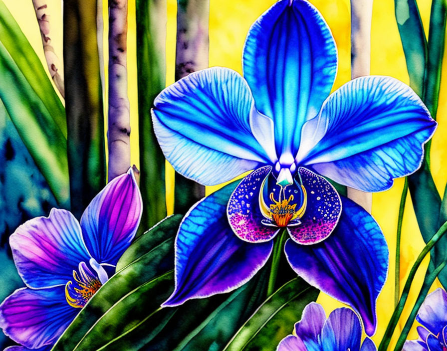 Colorful Blue and Purple Orchids with Green Leaves and Bamboo-like Stems